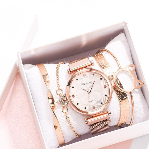 WW53 - Fashion 5pcs Set Women Watches Luxury Magnet Buckle Flower Rhinestone Ladies Quartz Wrist Watch Bracelet Set - FREE SHIPPING