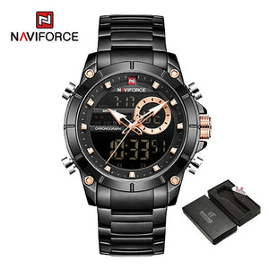 MW82 - NAVIFORCE Men Military Sport Wrist Watch Gold Quartz Steel Waterproof Dual Display Male Clock Watch - FREE SHIPPING