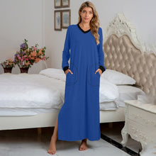 Load image into Gallery viewer, WP07 - Women&#39;s Nightdress Sleepwear Loose Long Sleeve Pocket Mixed Cotton V-Neck Split Spring Casual Sleepwear - FREE SHIPPING