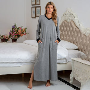 WP07 - Women's Nightdress Sleepwear Loose Long Sleeve Pocket Mixed Cotton V-Neck Split Spring Casual Sleepwear - FREE SHIPPING