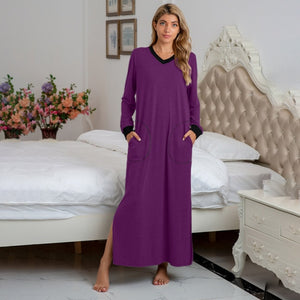 WP07 - Women's Nightdress Sleepwear Loose Long Sleeve Pocket Mixed Cotton V-Neck Split Spring Casual Sleepwear - FREE SHIPPING