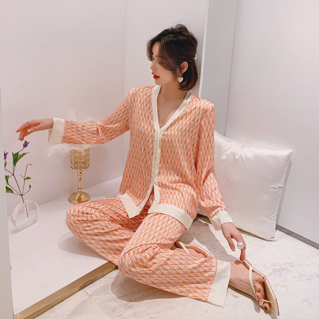 WP01 - 2021 Spring Women's Pajamas Set Luxury Style Fashion Cross Letter Print Sleepwear Silk Like Sleepwear - FREE SHIPPING